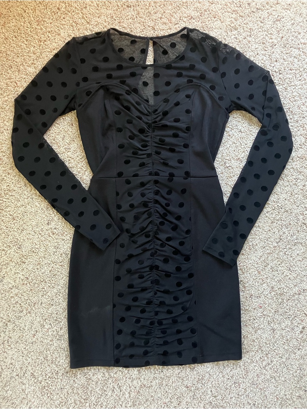 Guess Black Polka Dot Ruched Long-Sleeve Mini Dress